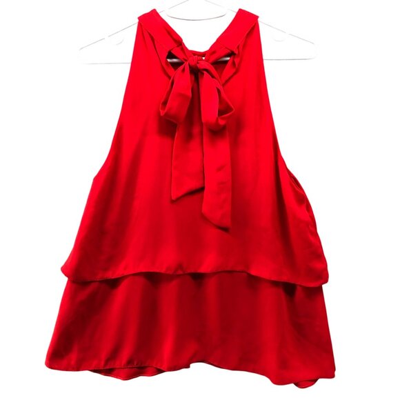 Zara Sleeveless Blouse Womens S Red Tank Tiered Tie Neck Top Chiffon - Picture 2 of 9